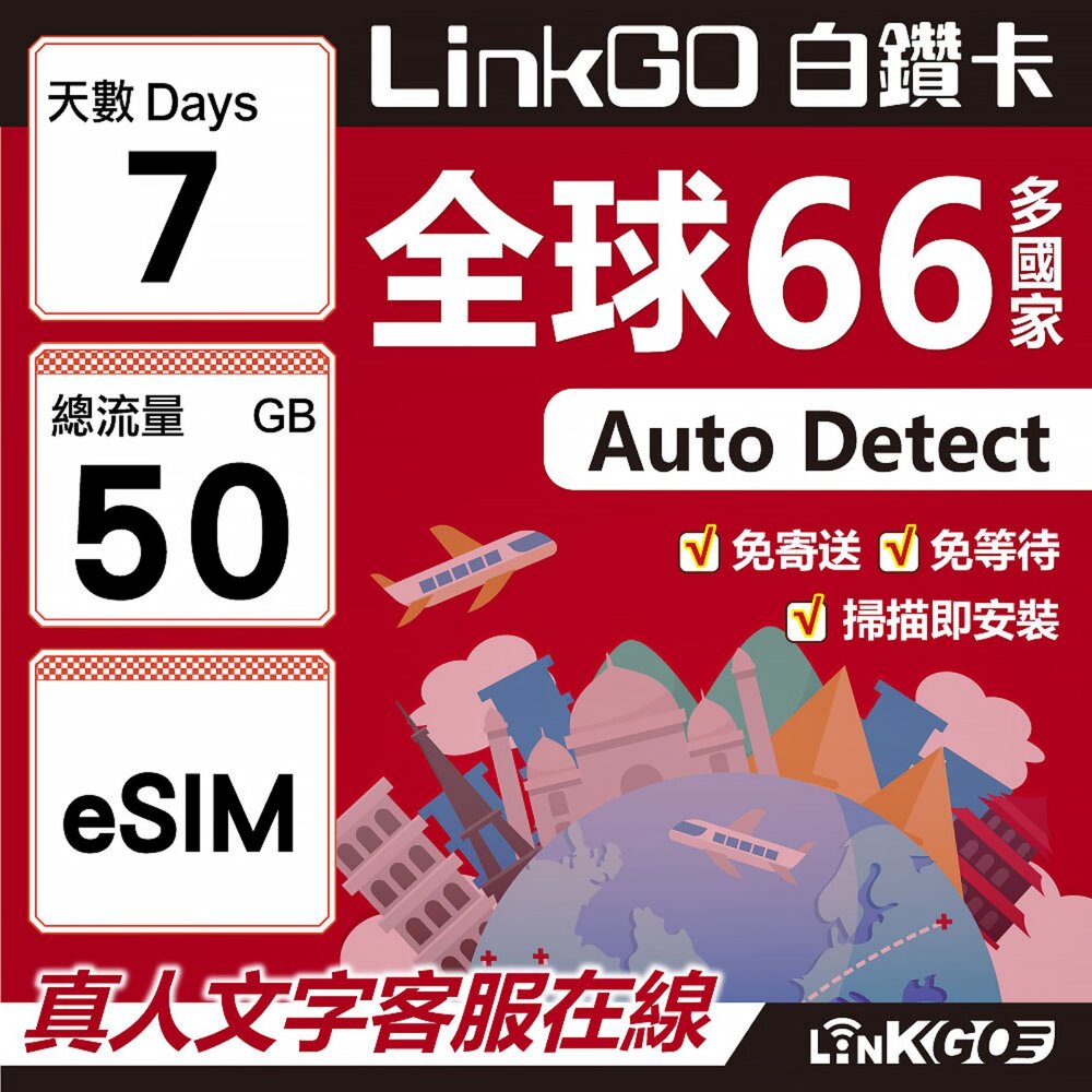 00510007-【LINKGO】白鑽卡 全球66國 eSIM卡 7天上網卡 總流量50GB(全球網卡 亞洲 歐洲 美洲 大洋洲 非洲)