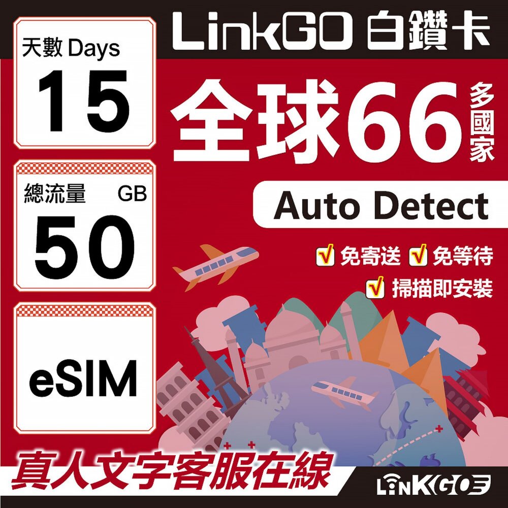 00510015-【LINKGO】白鑽卡 全球66國 eSIM卡 15天上網卡 總流量50GB(全球網卡 亞洲 歐洲 美洲 大洋洲 非洲)