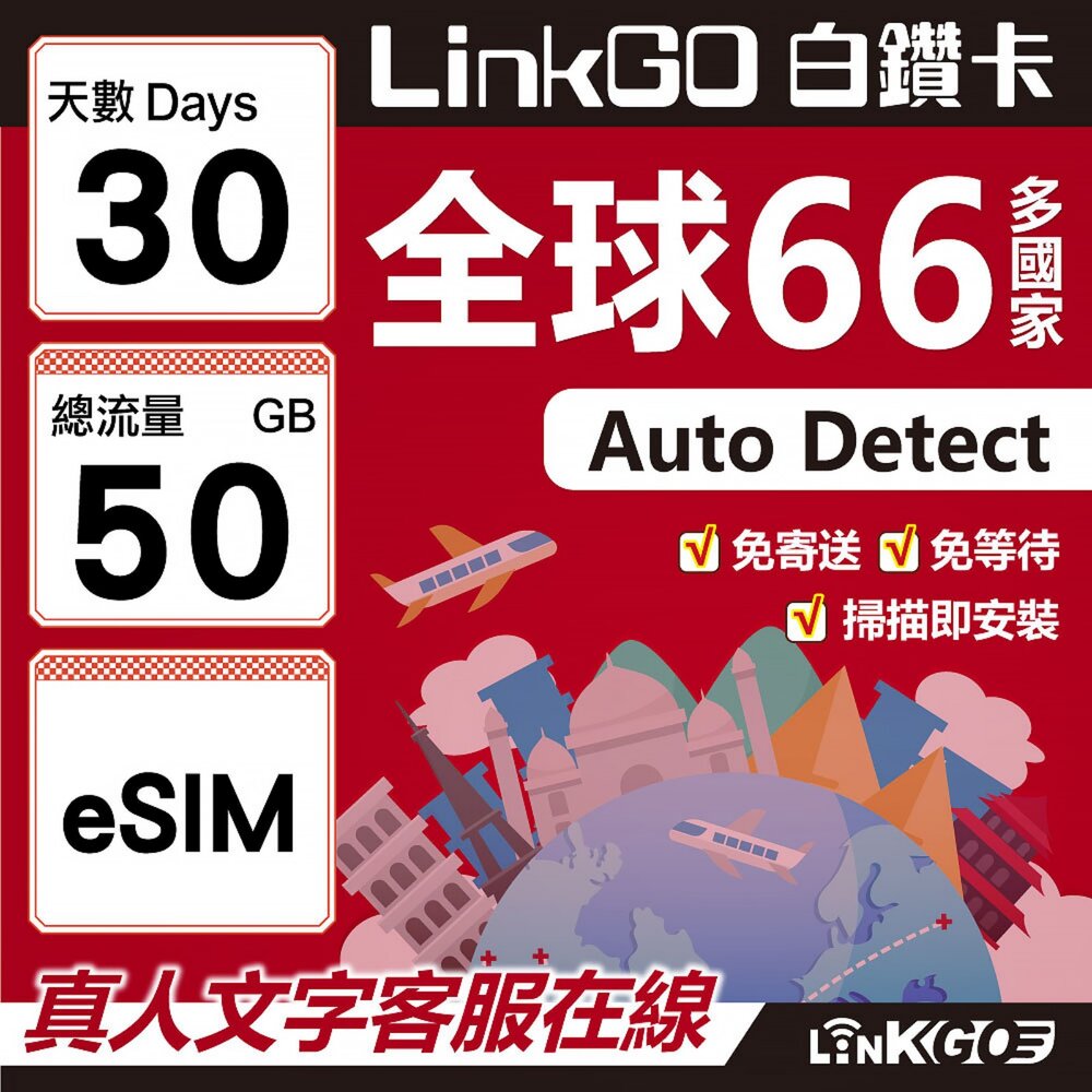 00510030-【LINKGO】白鑽卡 全球66國 eSIM卡 30天上網卡 總流量50GB(全球網卡 亞洲 歐洲 美洲 大洋洲 非洲)