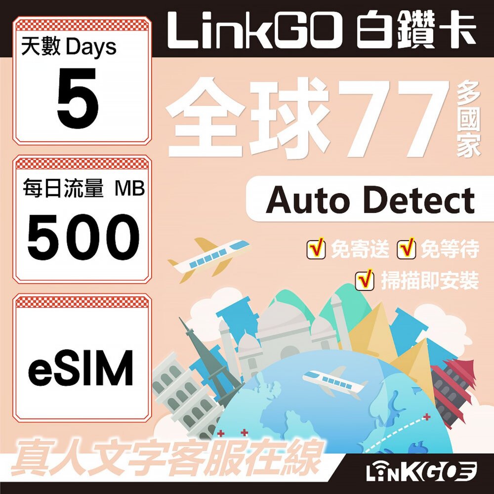 00520005-【LINKGO】白鑽卡 全球77國 eSIM卡 5天上網卡 每日500MB(全球網卡 亞洲 歐洲 美洲 大洋洲 非洲)