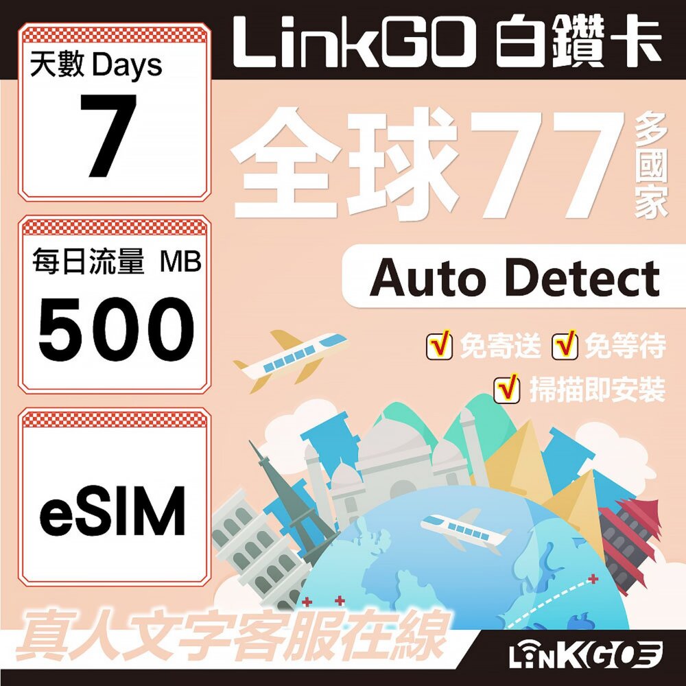 00520007-【LINKGO】白鑽卡 全球77國 eSIM卡 7天上網卡 每日500MB(全球網卡 亞洲 歐洲 美洲 大洋洲 非洲)