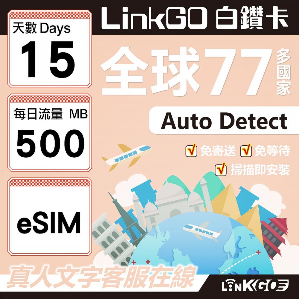 00520015-【LINKGO】白鑽卡 全球77國 eSIM卡 15天上網卡 每日500MB(全球網卡 亞洲 歐洲 美洲 大洋洲 非洲)