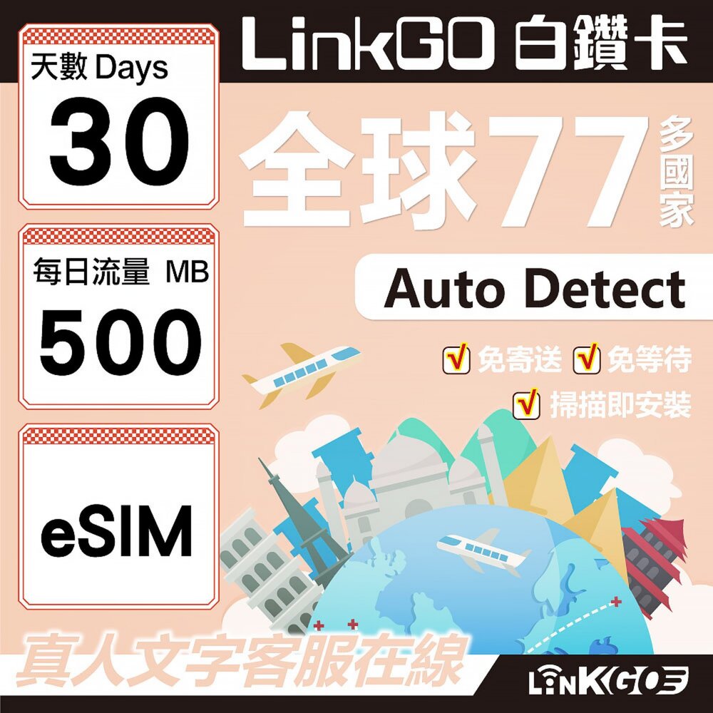 00520030-【LINKGO】白鑽卡 全球77國 eSIM卡 30天上網卡 每日500MB(全球網卡 亞洲 歐洲 美洲 大洋洲 非洲)