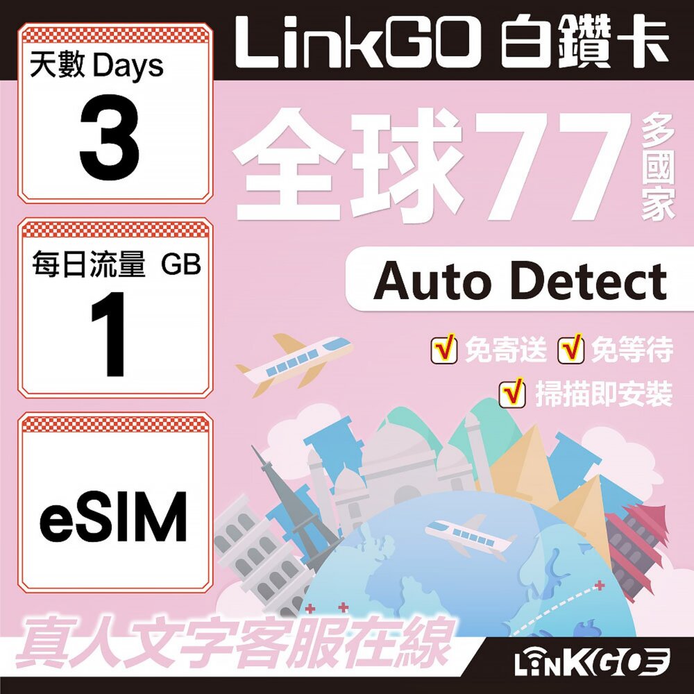 00530003-【LINKGO】白鑽卡 全球77國 eSIM卡 3天上網卡 每日1GB(全球網卡 亞洲 歐洲 美洲 大洋洲 非洲)