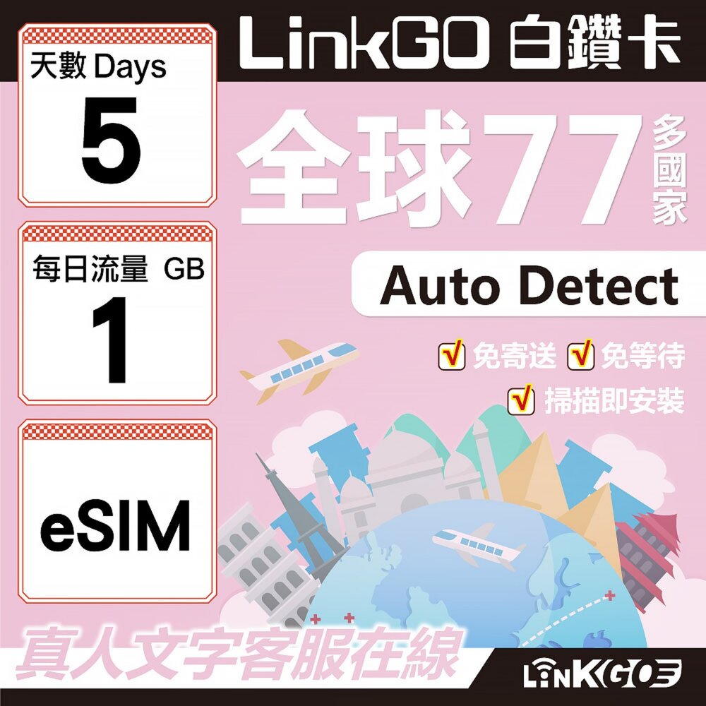 00530005-【LINKGO】白鑽卡 全球77國 eSIM卡 5天上網卡 每日1GB(全球網卡 亞洲 歐洲 美洲 大洋洲 非洲)