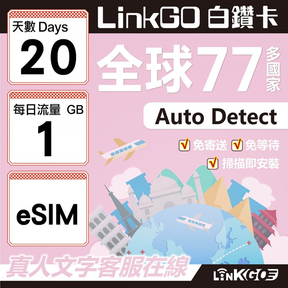 00530020-【LINKGO】白鑽卡 全球77國 eSIM卡 20天上網卡 每日1GB(全球網卡 亞洲 歐洲 美洲 大洋洲 非洲)