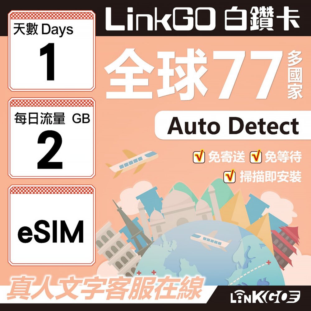 00540001-【LINKGO】白鑽卡 全球77國 eSIM卡 1天上網卡 每日2GB(全球網卡 亞洲 歐洲 美洲 大洋洲 非洲)