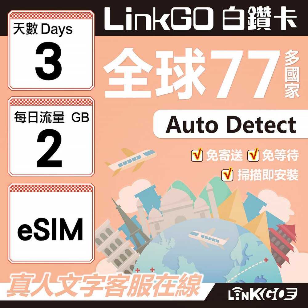 00540003-【LINKGO】白鑽卡 全球77國 eSIM卡 3天上網卡 每日2GB(全球網卡 亞洲 歐洲 美洲 大洋洲 非洲)