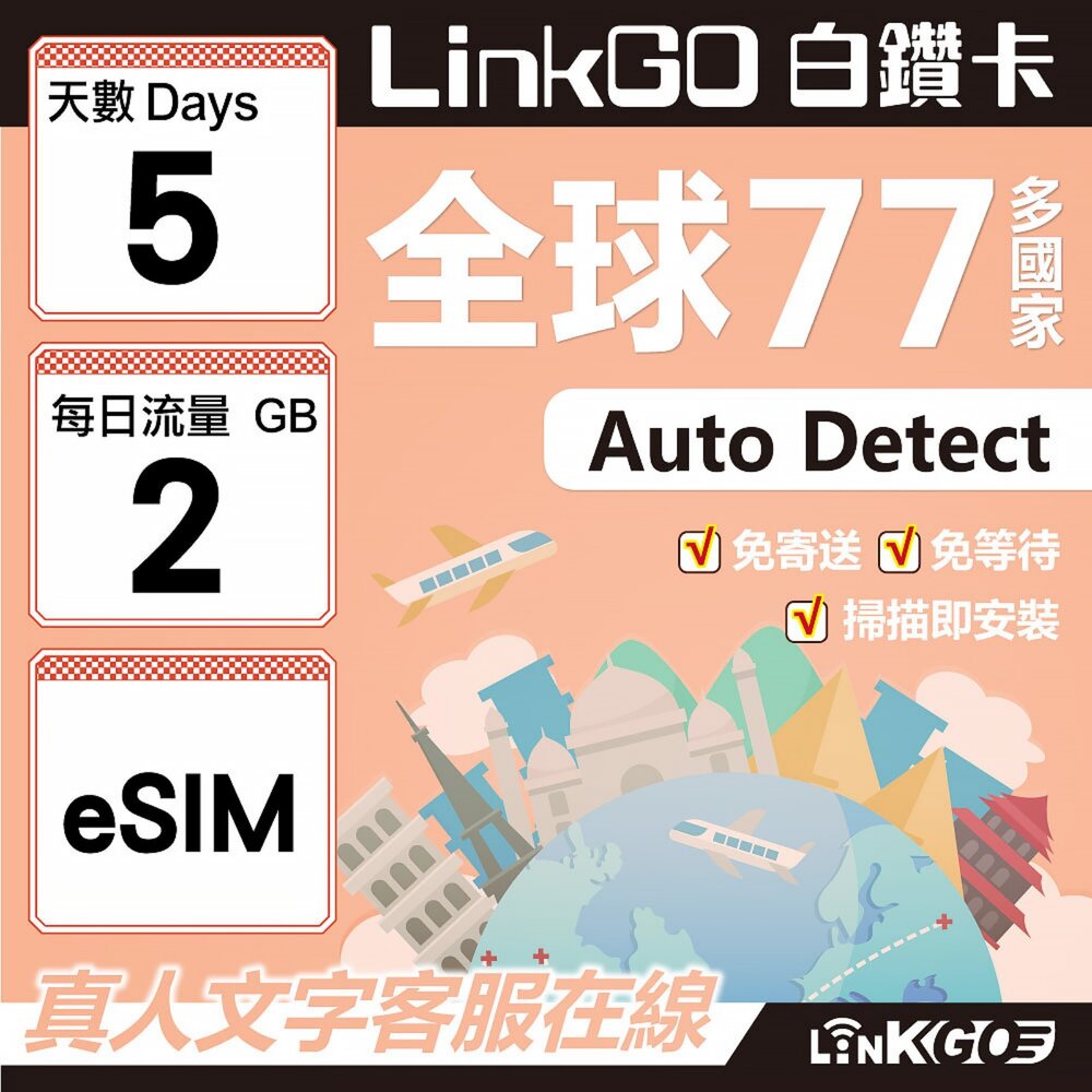 00540005-【LINKGO】白鑽卡 全球77國 eSIM卡 5天上網卡 每日2GB(全球網卡 亞洲 歐洲 美洲 大洋洲 非洲)