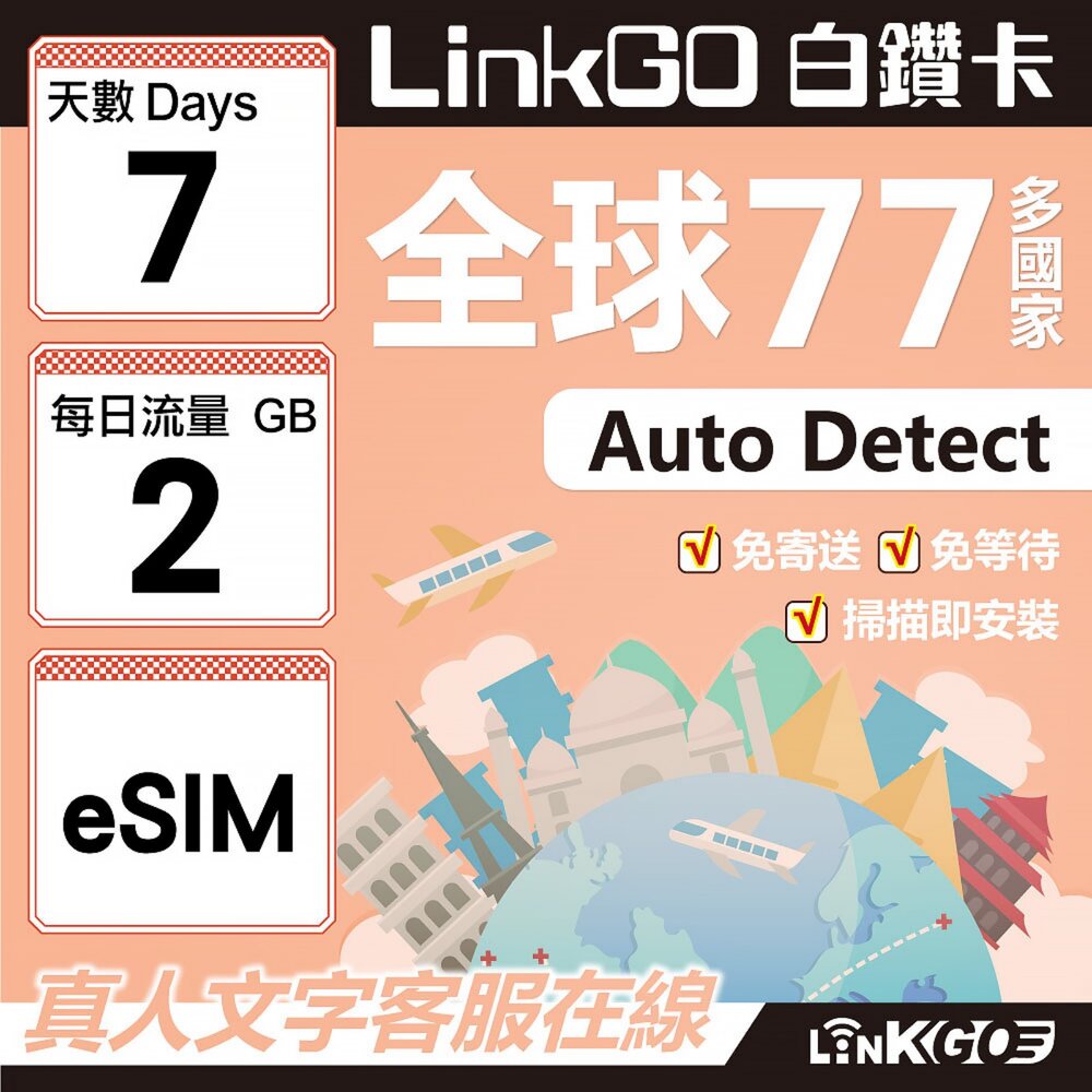 00540007-【LINKGO】白鑽卡 全球77國 eSIM卡 7天上網卡 每日2GB(全球網卡 亞洲 歐洲 美洲 大洋洲 非洲)