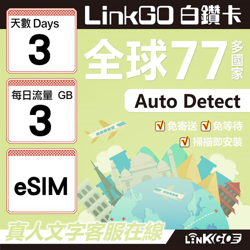 00550003-【LINKGO】白鑽卡 全球77國 eSIM卡 3天上網卡 每日3GB(全球網卡 亞洲 歐洲 美洲 大洋洲 非洲)