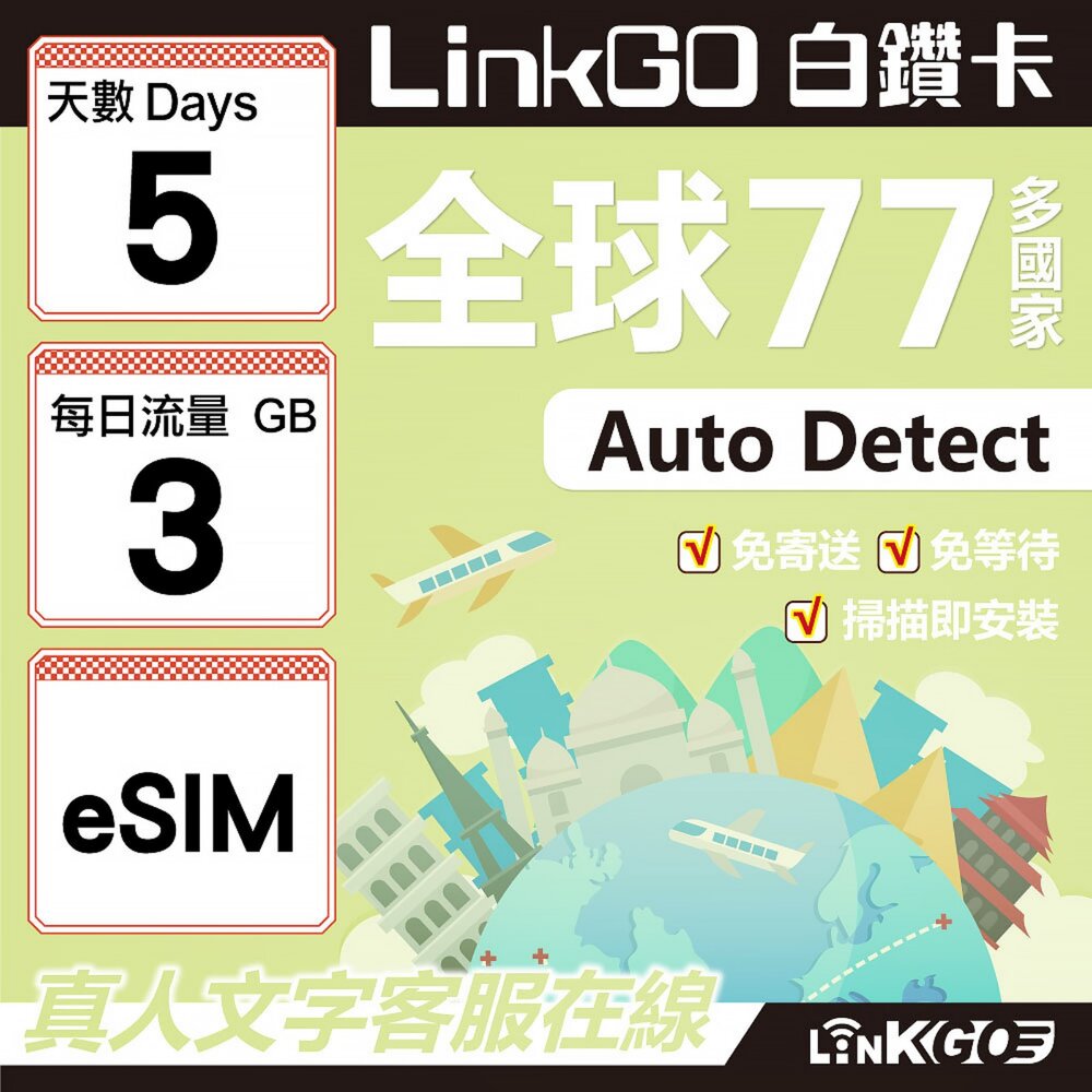 00550005-【LINKGO】白鑽卡 全球77國 eSIM卡 5天上網卡 每日3GB(全球網卡 亞洲 歐洲 美洲 大洋洲 非洲)