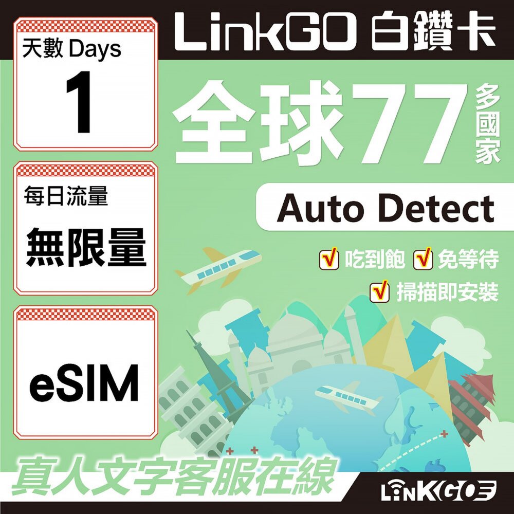 00560001-【LINKGO】白鑽卡 全球77國 eSIM卡 1天上網卡 無限流量吃到飽不降速(全球網卡 亞洲 歐洲 美洲 大洋洲 非