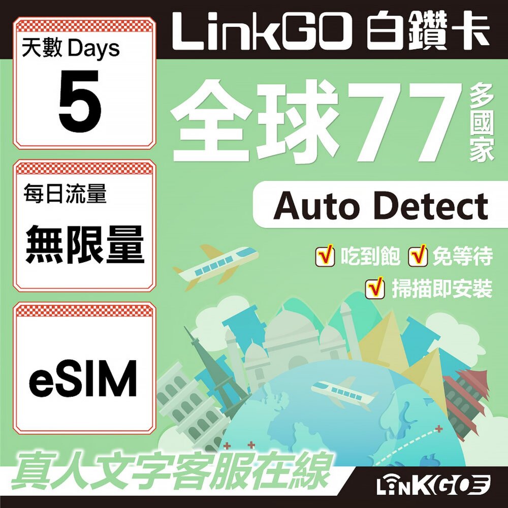 00560005-【LINKGO】白鑽卡 全球77國 eSIM卡 5天上網卡 無限流量吃到飽不降速(全球網卡 亞洲 歐洲 美洲 大洋洲 非