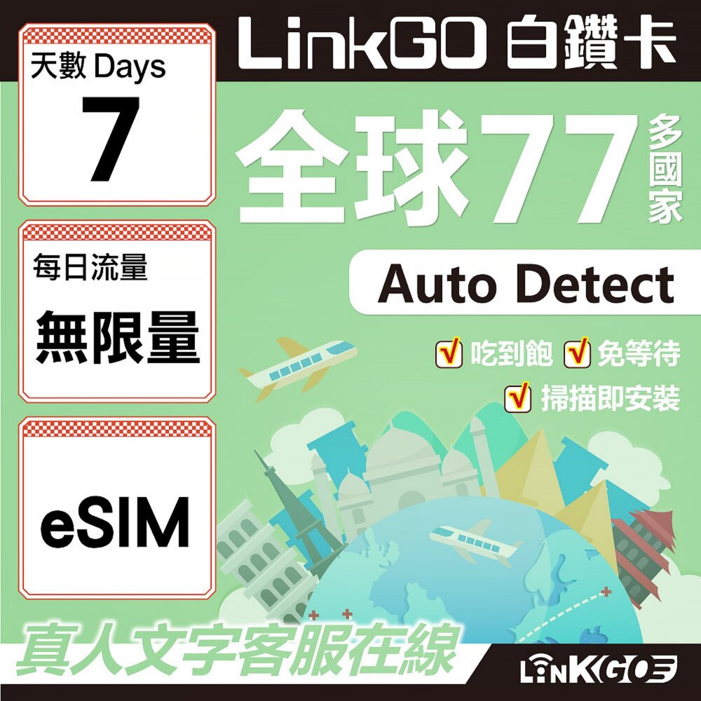 00560007-【LINKGO】白鑽卡 全球77國 eSIM卡 7天上網卡 無限流量吃到飽不降速(全球網卡 亞洲 歐洲 美洲 大洋洲 非