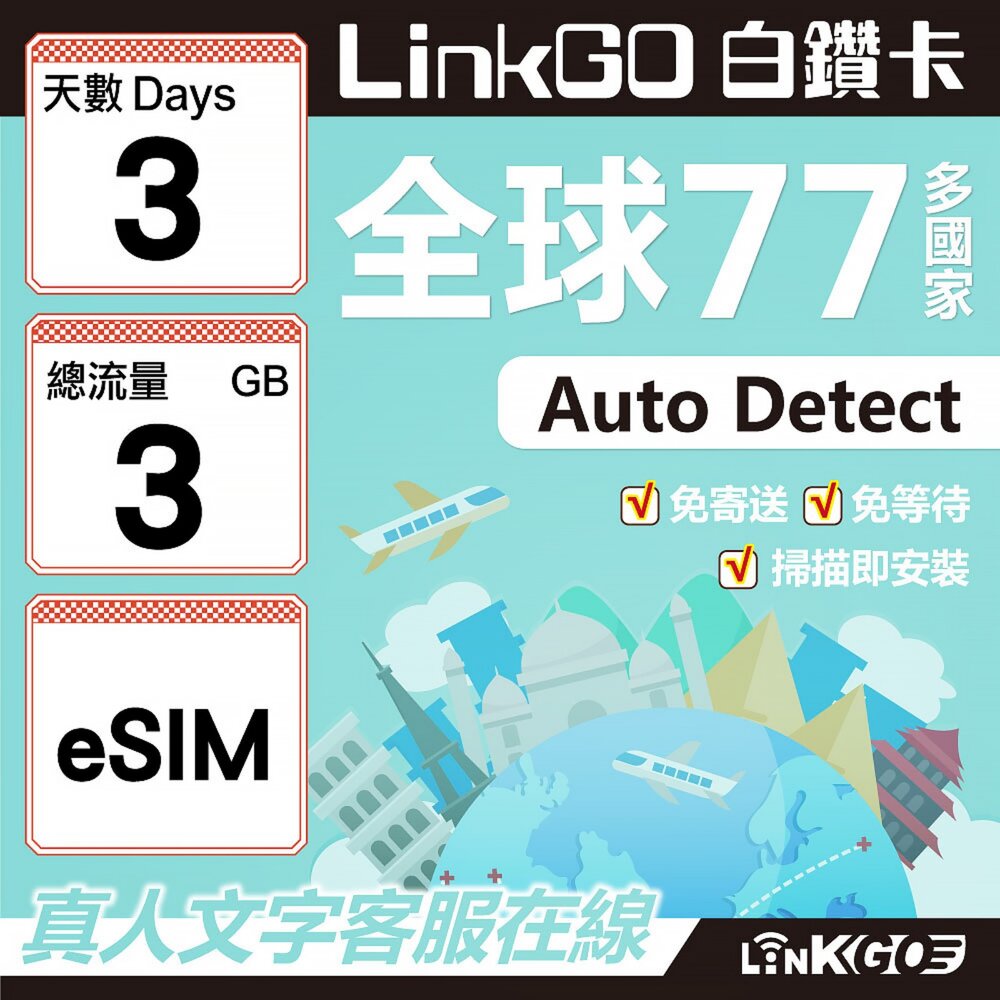 00570003-【LINKGO】白鑽卡 全球77國 eSIM卡 3天上網卡 總流量3GB(全球網卡 亞洲 歐洲 美洲 大洋洲 非洲)