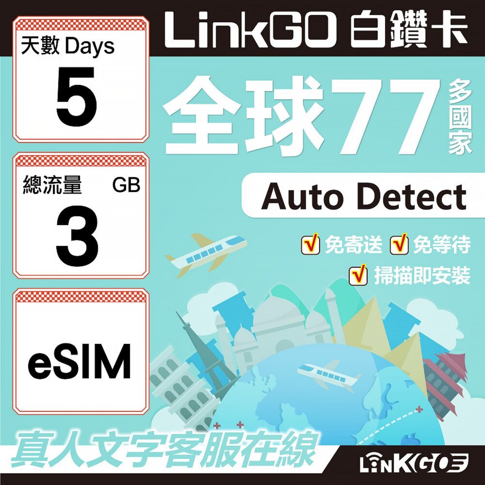 00570005-【LINKGO】白鑽卡 全球77國 eSIM卡 5天上網卡 總流量3GB(全球網卡 亞洲 歐洲 美洲 大洋洲 非洲)