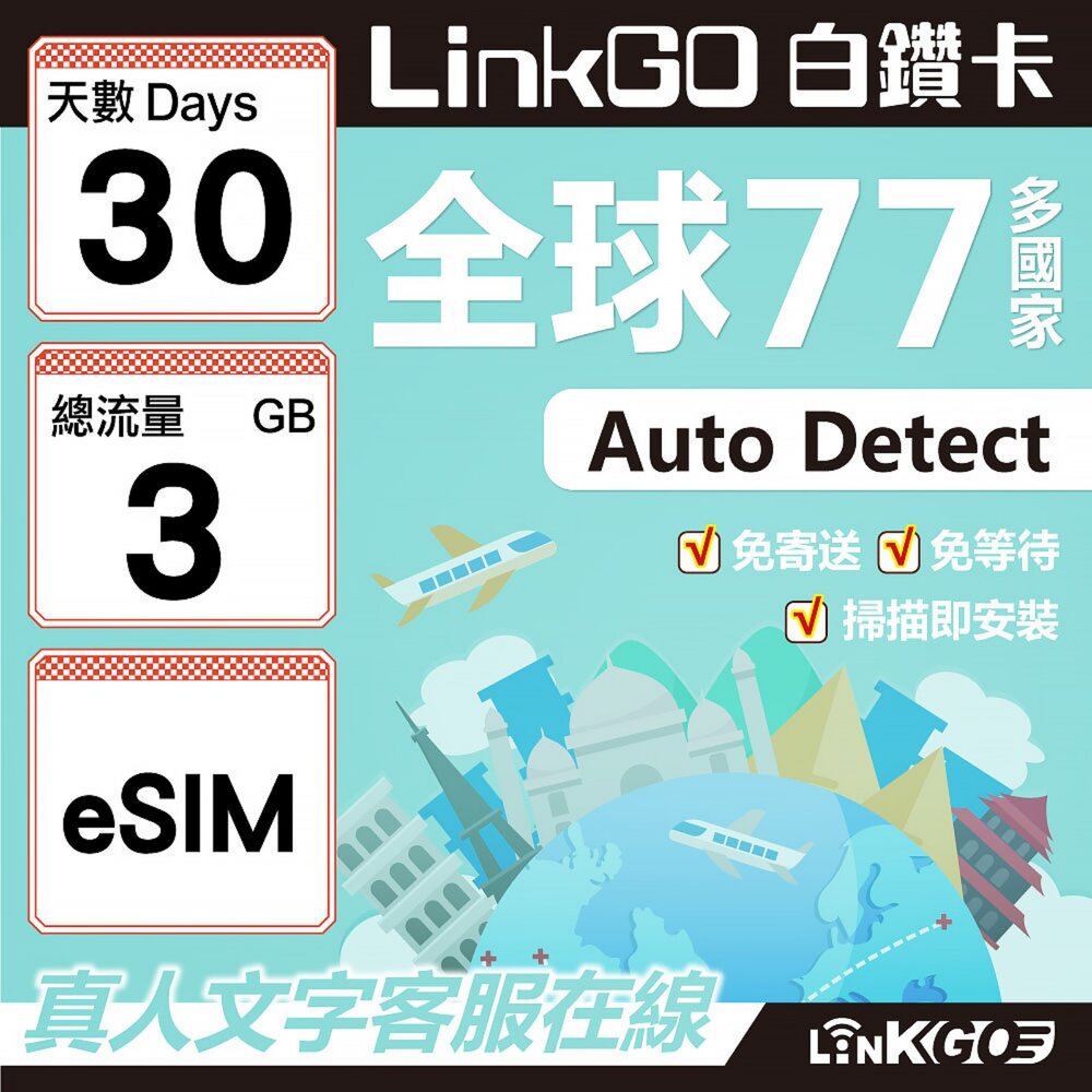 00570030-【LINKGO】白鑽卡 全球77國 eSIM卡 30天上網卡 總流量3GB(全球網卡 亞洲 歐洲 美洲 大洋洲 非洲)