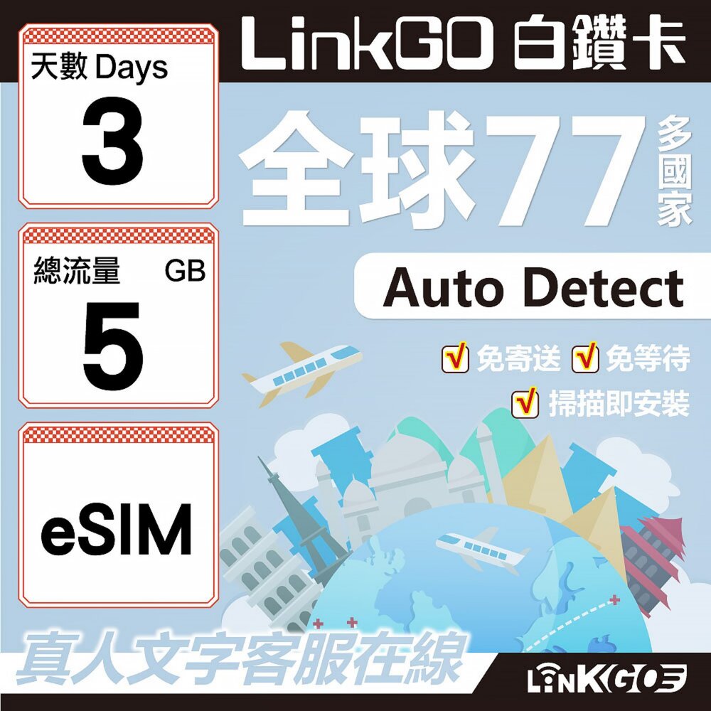 00580003-【LINKGO】白鑽卡 全球77國 eSIM卡 3天上網卡 總流量5GB(全球網卡 亞洲 歐洲 美洲 大洋洲 非洲)