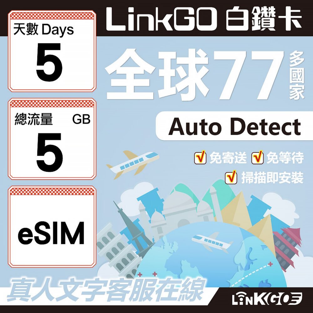 00580005-【LINKGO】白鑽卡 全球77國 eSIM卡 5天上網卡 總流量5GB(全球網卡 亞洲 歐洲 美洲 大洋洲 非洲)