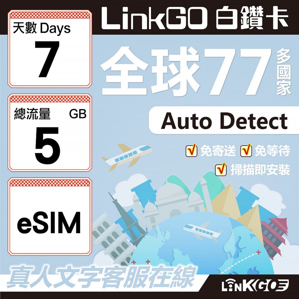 00580007-【LINKGO】白鑽卡 全球77國 eSIM卡 7天上網卡 總流量5GB(全球網卡 亞洲 歐洲 美洲 大洋洲 非洲)