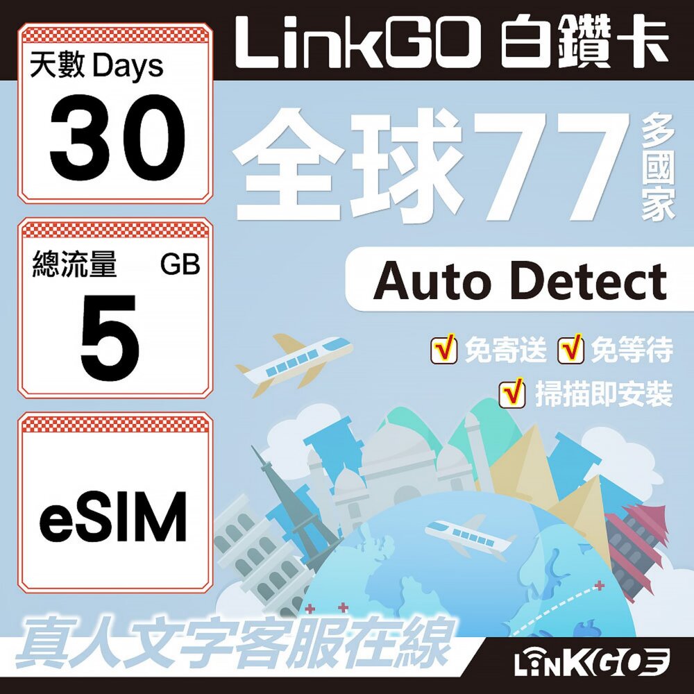 00580030-【LINKGO】白鑽卡 全球77國 eSIM卡 30天上網卡 總流量5GB(全球網卡 亞洲 歐洲 美洲 大洋洲 非洲)