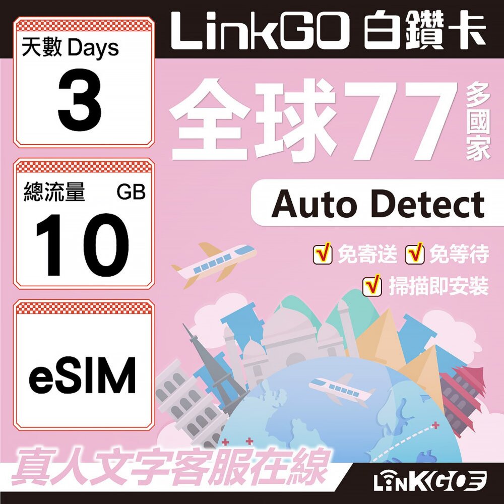 00590003-【LINKGO】白鑽卡 全球77國 eSIM卡 3天上網卡 總流量10GB(全球網卡 亞洲 歐洲 美洲 大洋洲 非洲)
