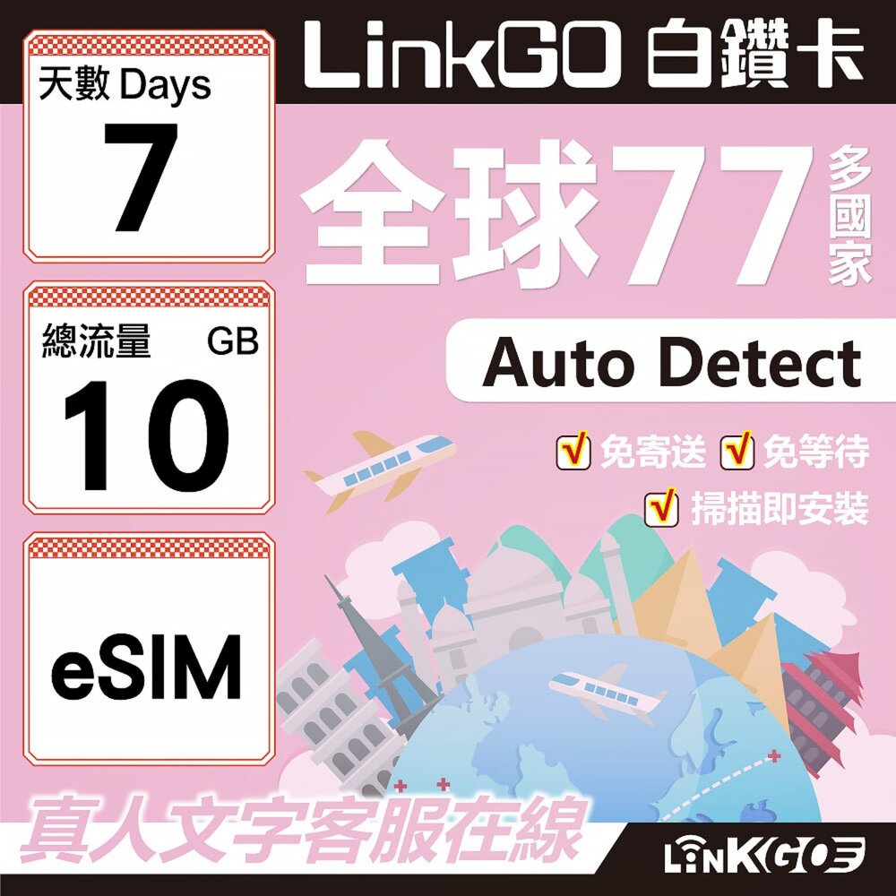 00590007-【LINKGO】白鑽卡 全球77國 eSIM卡 7天上網卡 總流量10GB(全球網卡 亞洲 歐洲 美洲 大洋洲 非洲)
