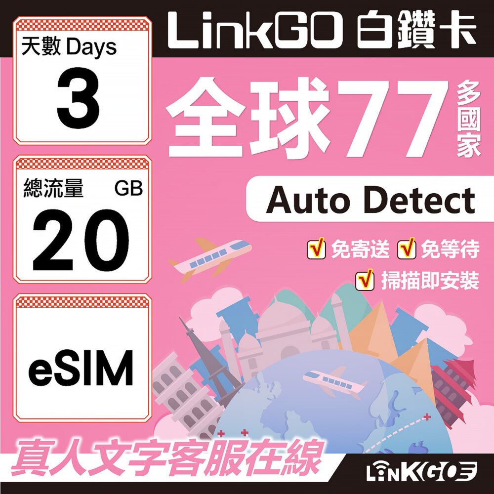 00600003-【LINKGO】白鑽卡 全球77國 eSIM卡 3天上網卡 總流量20GB(全球網卡 亞洲 歐洲 美洲 大洋洲 非洲)