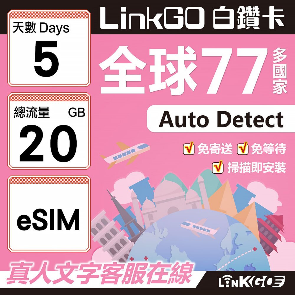 00600005-【LINKGO】白鑽卡 全球77國 eSIM卡 5天上網卡 總流量20GB(全球網卡 亞洲 歐洲 美洲 大洋洲 非洲)