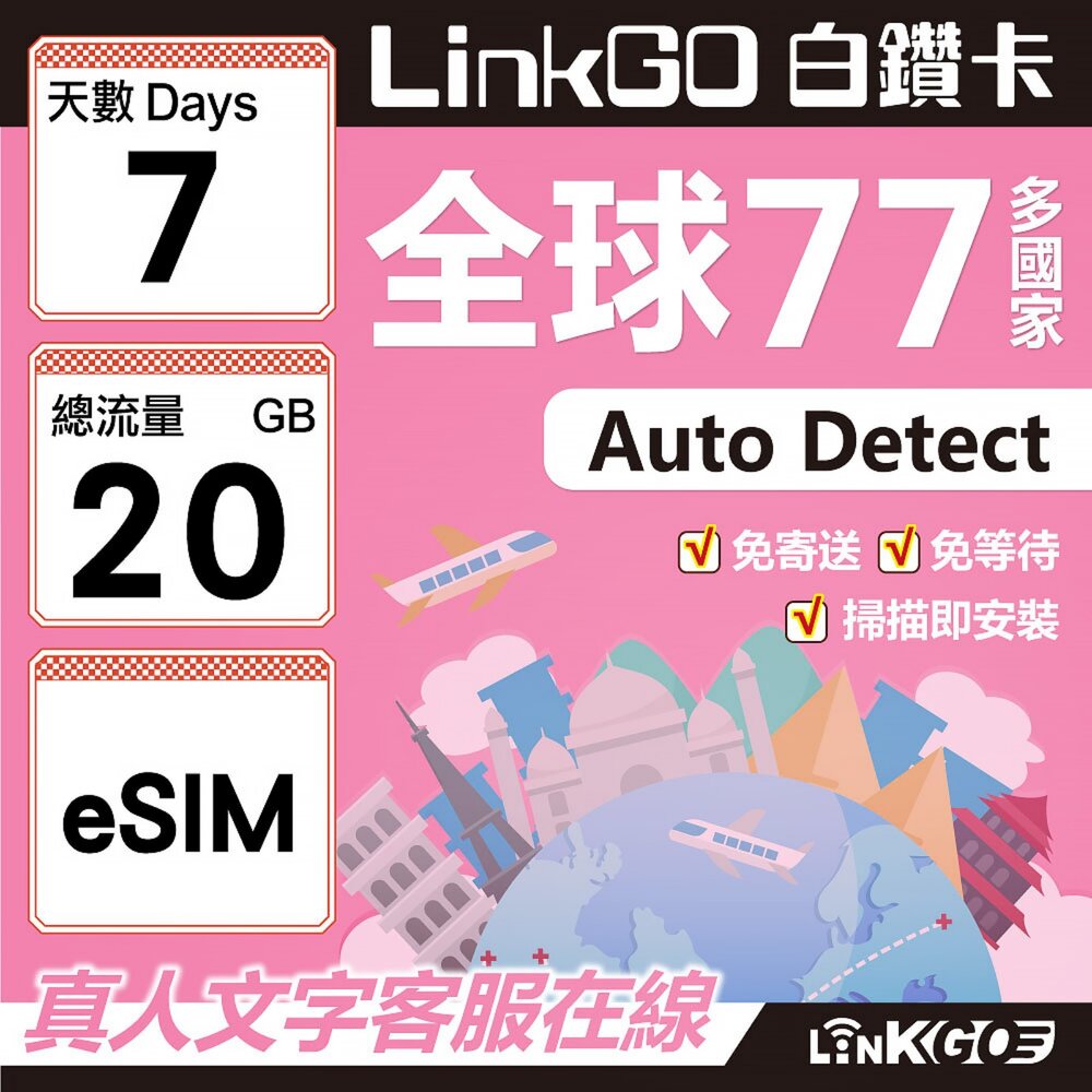 00600007-【LINKGO】白鑽卡 全球77國 eSIM卡 7天上網卡 總流量20GB(全球網卡 亞洲 歐洲 美洲 大洋洲 非洲)