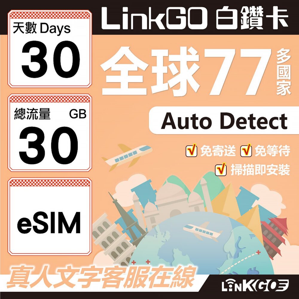 00610030-【LINKGO】白鑽卡 全球77國 eSIM卡 30天上網卡 總流量30GB(全球網卡 亞洲 歐洲 美洲 大洋洲 非洲)