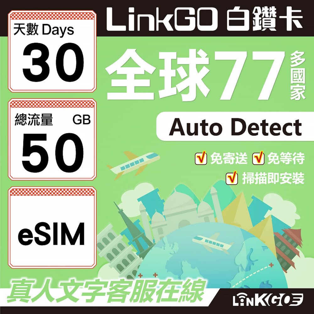 00620030-【LINKGO】白鑽卡 全球77國 eSIM卡 30天上網卡 總流量50GB(全球網卡 亞洲 歐洲 美洲 大洋洲 非洲)