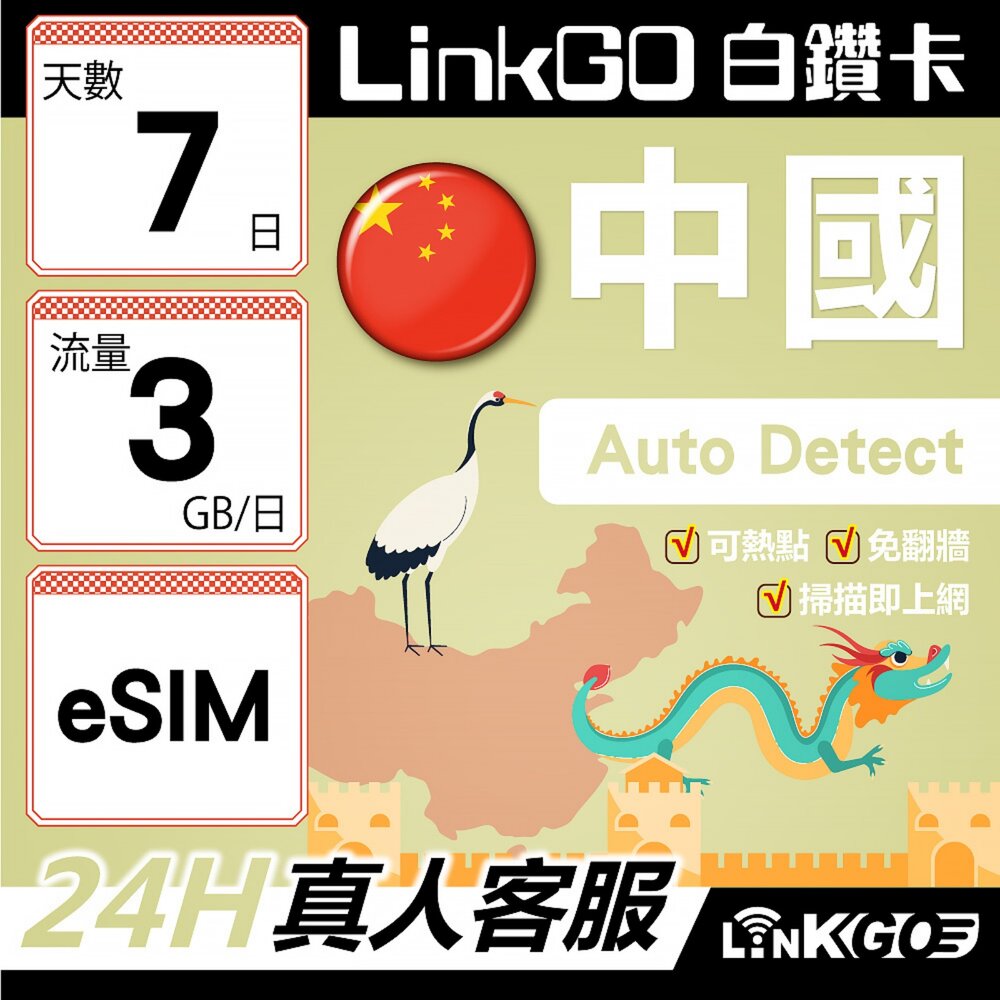 【LINKGO】白鑽卡中國大陸eSIM卡7天上網卡每日3GB免翻牆支援LINEFaceBook(中國網卡大陸