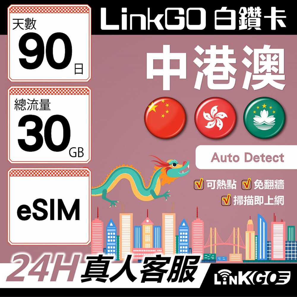 01450090-【LINKGO】白鑽卡 中港澳 eSIM卡 90天上網卡 總流量30GB 免翻牆(中港澳網卡 中國 大陸 香港 澳門)