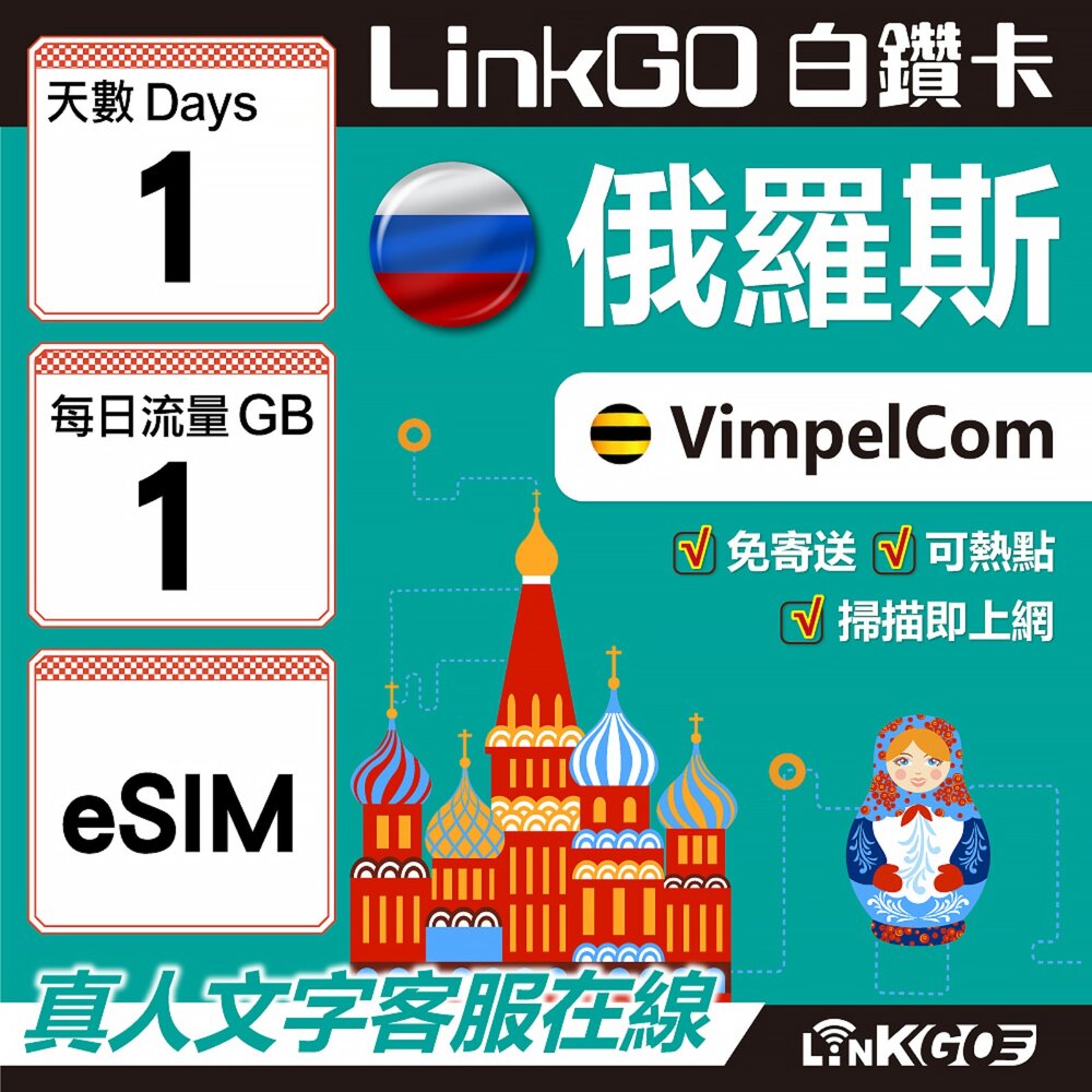 01560001-【LinkGO】白鑽卡 俄羅斯 eSIM卡 1天上網卡 每日1GB 高速流量(俄羅斯網卡 莫斯科 聖彼得堡 莫曼斯)