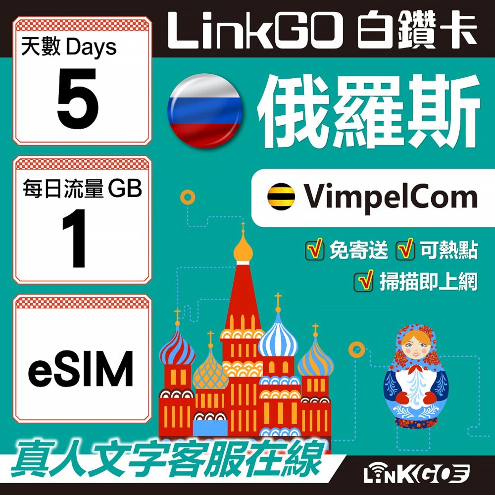 01560005-【LinkGO】白鑽卡 俄羅斯 eSIM卡 5天上網卡 每日1GB 高速流量(俄羅斯網卡 莫斯科 聖彼得堡 莫曼斯)