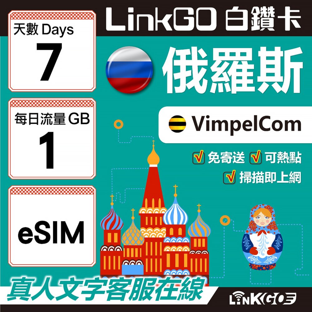 01560007-【LinkGO】白鑽卡 俄羅斯 eSIM卡 7天上網卡 每日1GB 高速流量(俄羅斯網卡 莫斯科 聖彼得堡 莫曼斯)