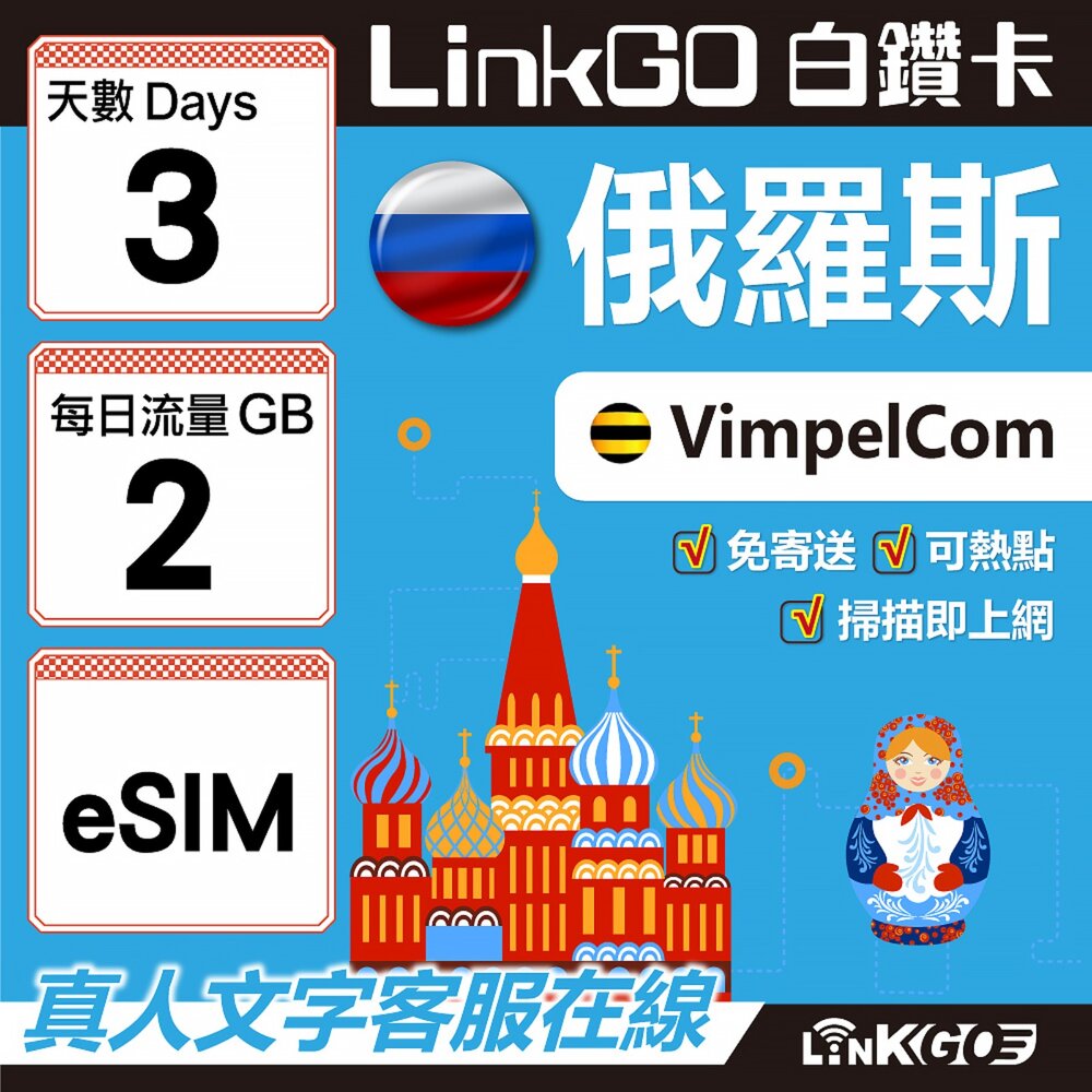 01570003-【LinkGO】白鑽卡 俄羅斯 eSIM卡 3天上網卡 每日2GB 高速流量(俄羅斯網卡 莫斯科 聖彼得堡 莫曼斯)
