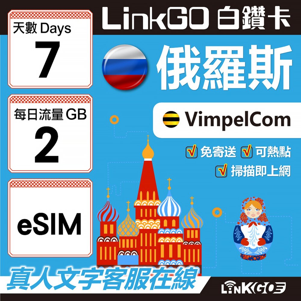 01570007-【LinkGO】白鑽卡 俄羅斯 eSIM卡 7天上網卡 每日2GB 高速流量(俄羅斯網卡 莫斯科 聖彼得堡 莫曼斯)