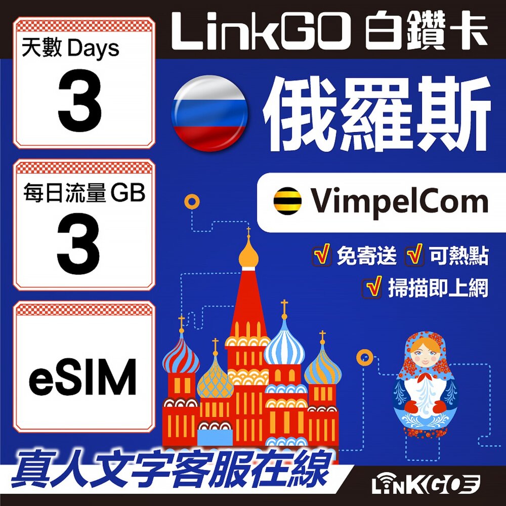 01580003-【LinkGO】白鑽卡 俄羅斯 eSIM卡 3天上網卡 每日3GB 高速流量(俄羅斯網卡 莫斯科 聖彼得堡 莫曼斯)