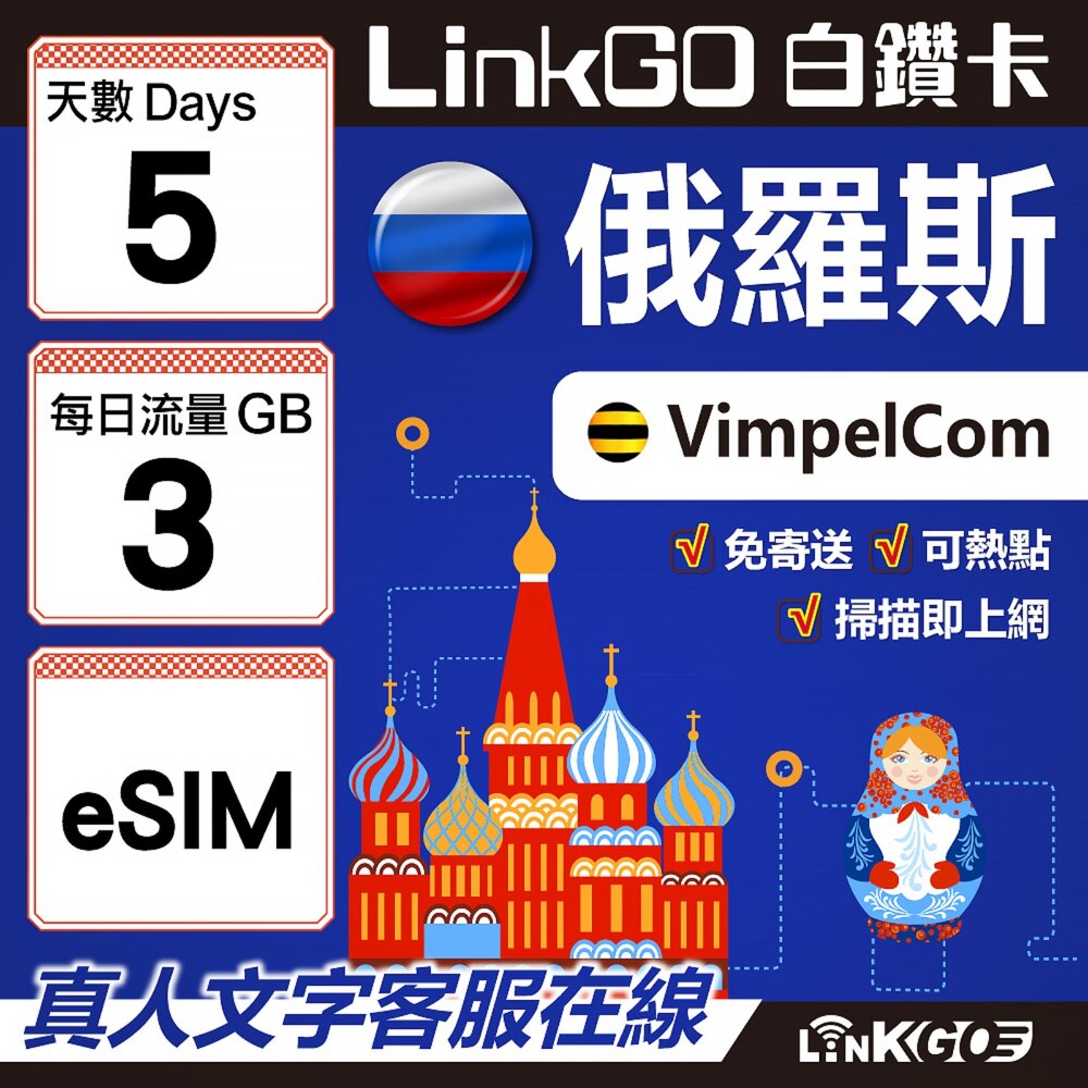 01580005-【LinkGO】白鑽卡 俄羅斯 eSIM卡 5天上網卡 每日3GB 高速流量(俄羅斯網卡 莫斯科 聖彼得堡 莫曼斯)