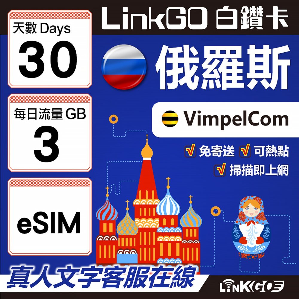 01580030-【LinkGO】白鑽卡 俄羅斯 eSIM卡 30天上網卡 每日3GB 高速流量(俄羅斯網卡 莫斯科 聖彼得堡 莫曼斯)