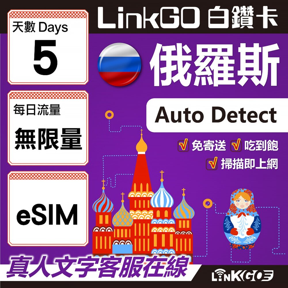 01590005-【LinkGO】白鑽卡 俄羅斯 eSIM卡 5天上網卡 無限流量吃到飽 高速流量(俄羅斯網卡 莫斯科 聖彼得堡 莫曼斯)