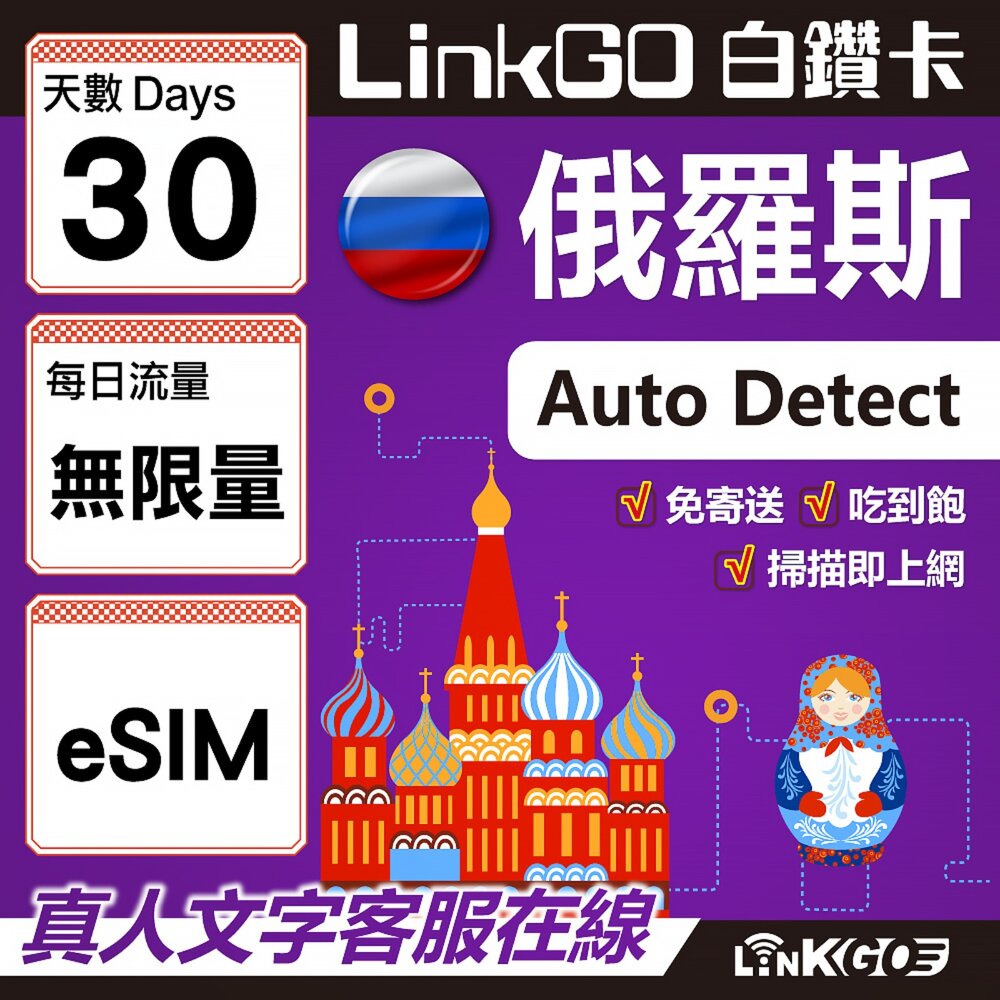 01590030-【LinkGO】白鑽卡 俄羅斯 eSIM卡 30天上網卡 無限流量吃到飽 高速流量(俄羅斯網卡 莫斯科 聖彼得堡 莫曼斯