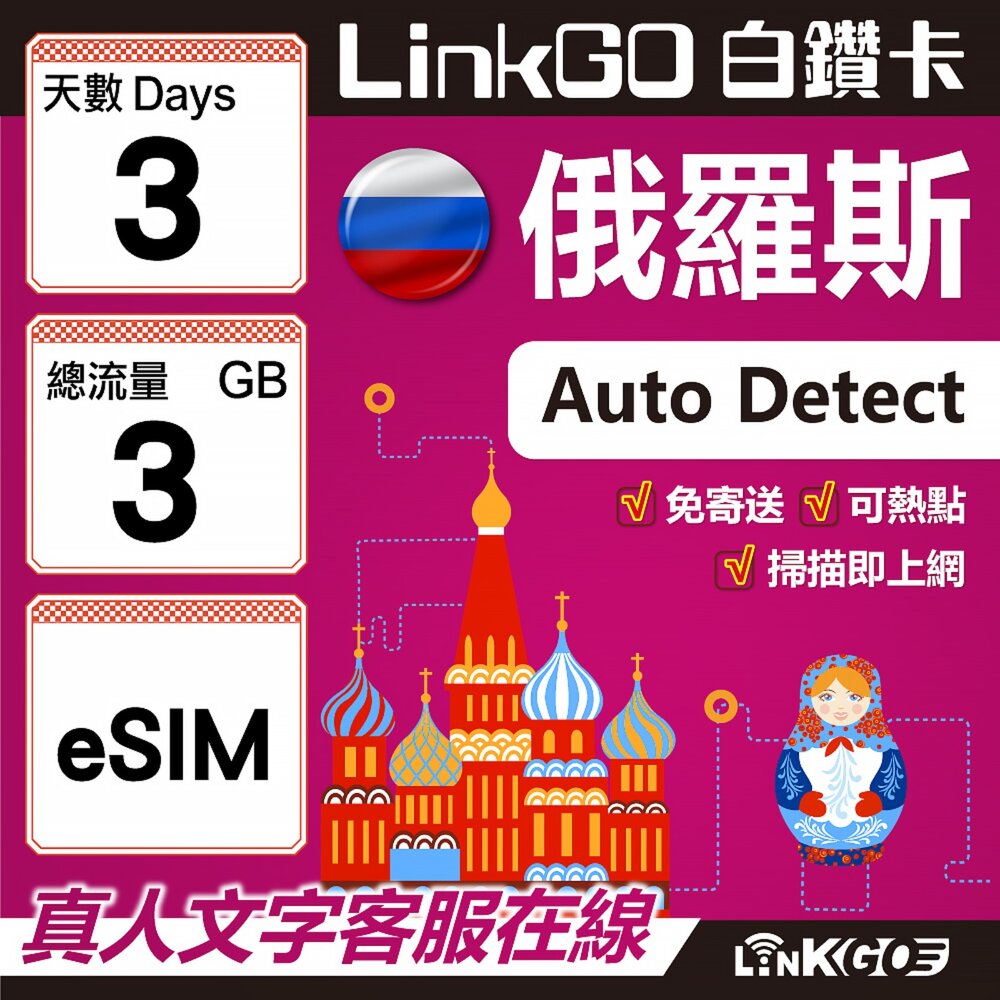 01600003-【LinkGO】白鑽卡 俄羅斯 eSIM卡 3天上網卡 總流量3GB 高速流量(俄羅斯網卡 莫斯科 聖彼得堡 莫曼斯)