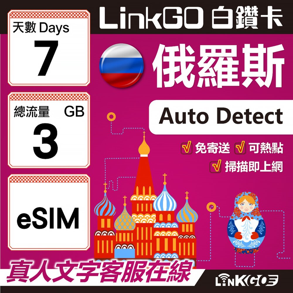 01600007-【LinkGO】白鑽卡 俄羅斯 eSIM卡 7天上網卡 總流量3GB 高速流量(俄羅斯網卡 莫斯科 聖彼得堡 莫曼斯)
