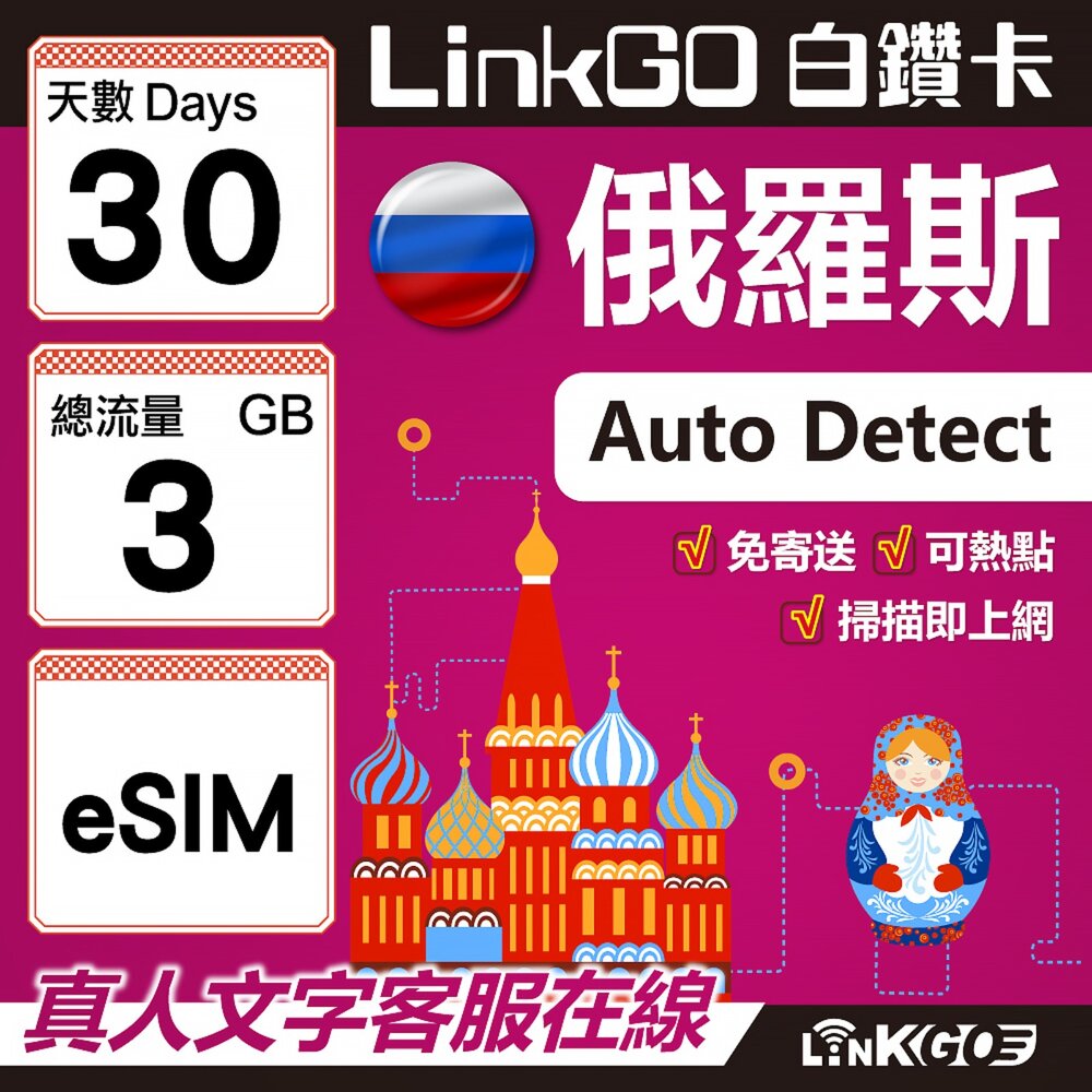 01600030-【LinkGO】白鑽卡 俄羅斯 eSIM卡 30天上網卡 總流量3GB 高速流量(俄羅斯網卡 莫斯科 聖彼得堡 莫曼斯)