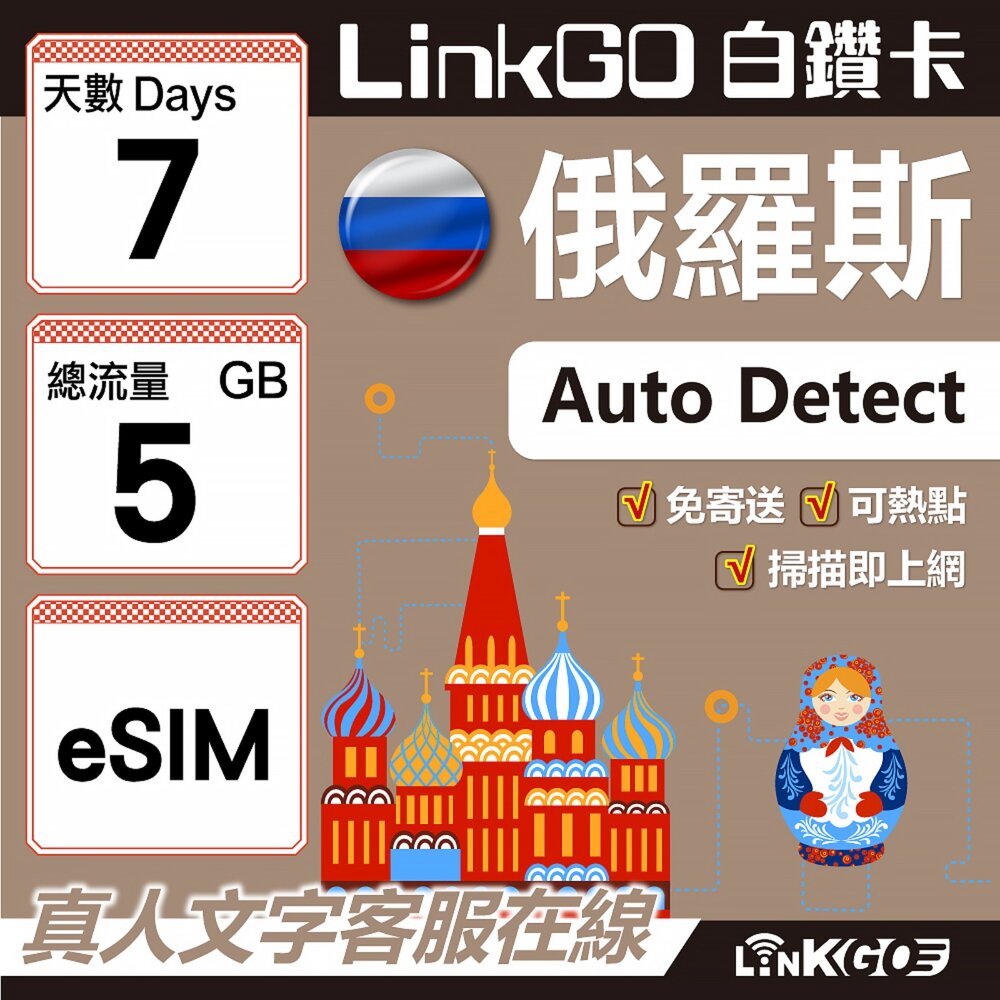 01610007-【LinkGO】白鑽卡 俄羅斯 eSIM卡 7天上網卡 總流量5GB 高速流量(俄羅斯網卡 莫斯科 聖彼得堡 莫曼斯)