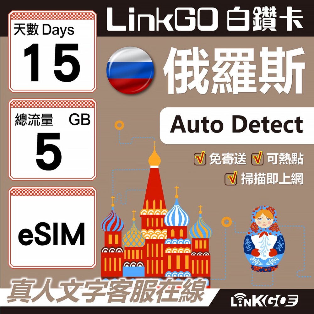 01610015-【LinkGO】白鑽卡 俄羅斯 eSIM卡 15天上網卡 總流量5GB 高速流量(俄羅斯網卡 莫斯科 聖彼得堡 莫曼斯)